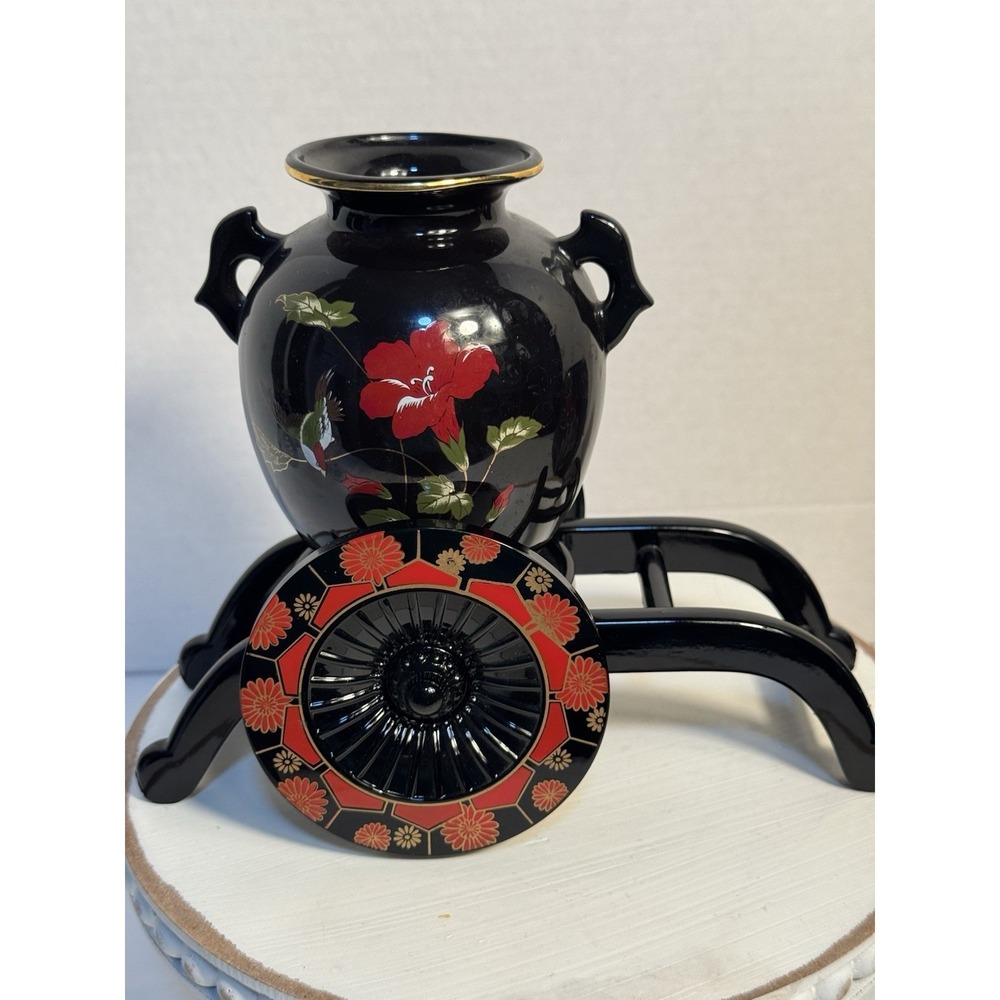 Vintage Black Ginger Jar Gold Accents Enamel Flowers Lid Japan 9.5"